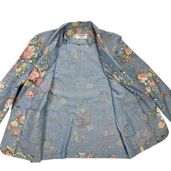 Alfred Dunner Linen Blazer Womens Sz 8 Blue Pink Floral Print 3/4 Sleeve Jacket - Picture 6 of 16